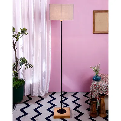 Minimalist Stick Floor Lamp With Wooden Base & Sqaure Shade