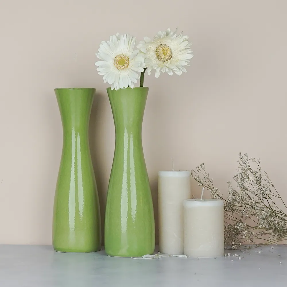 Minimalist Tapered Green Ceramic Vase Pack Of 1 & 2