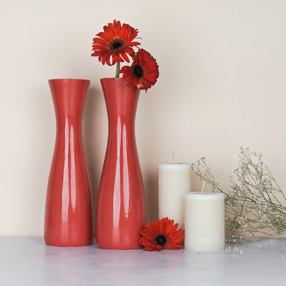 Minimalist Tapered Red Ceramic Vase Pack Of 1 & 2 Vases