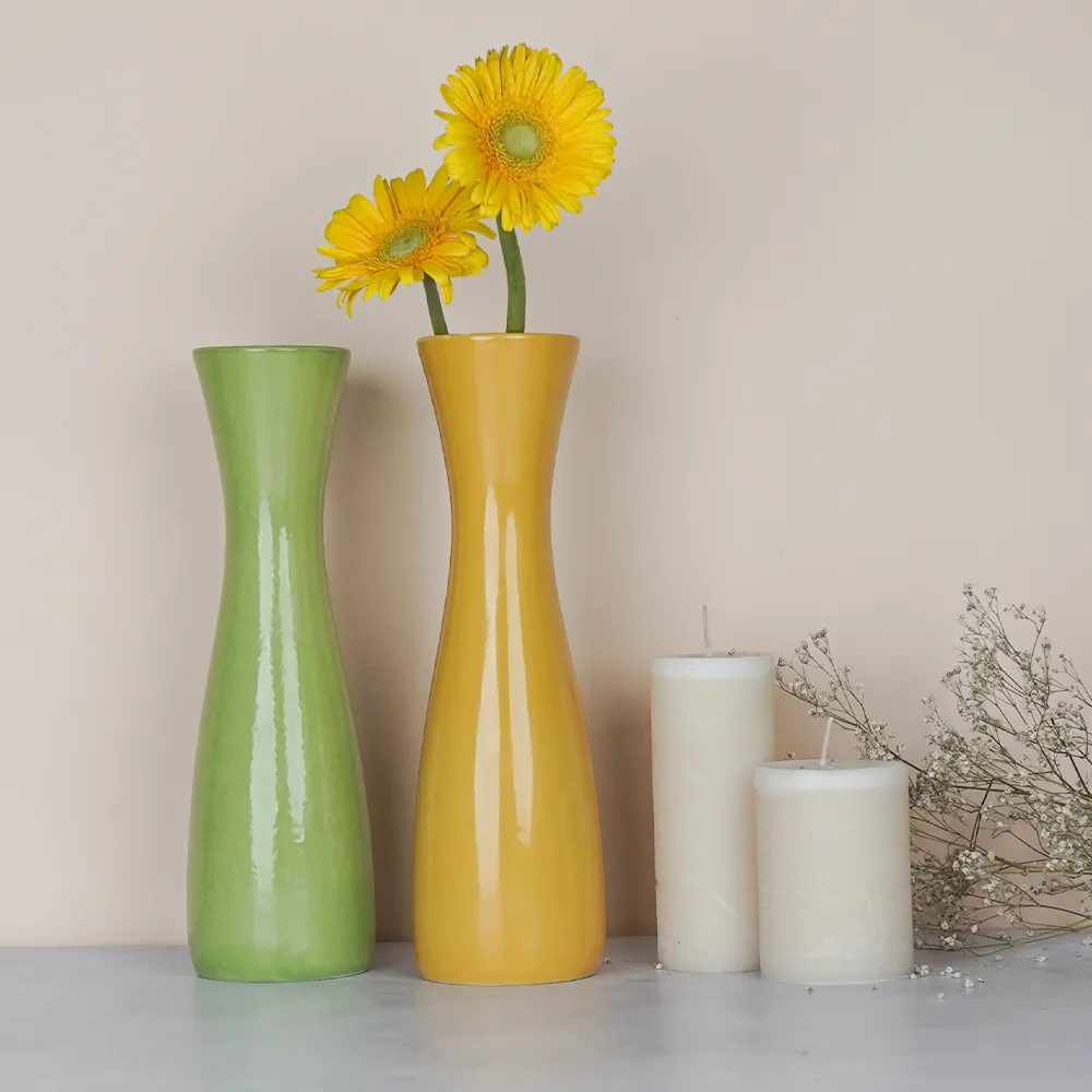 Minimalist Tapered Yellow & Green Ceramic Vases Set Of 2