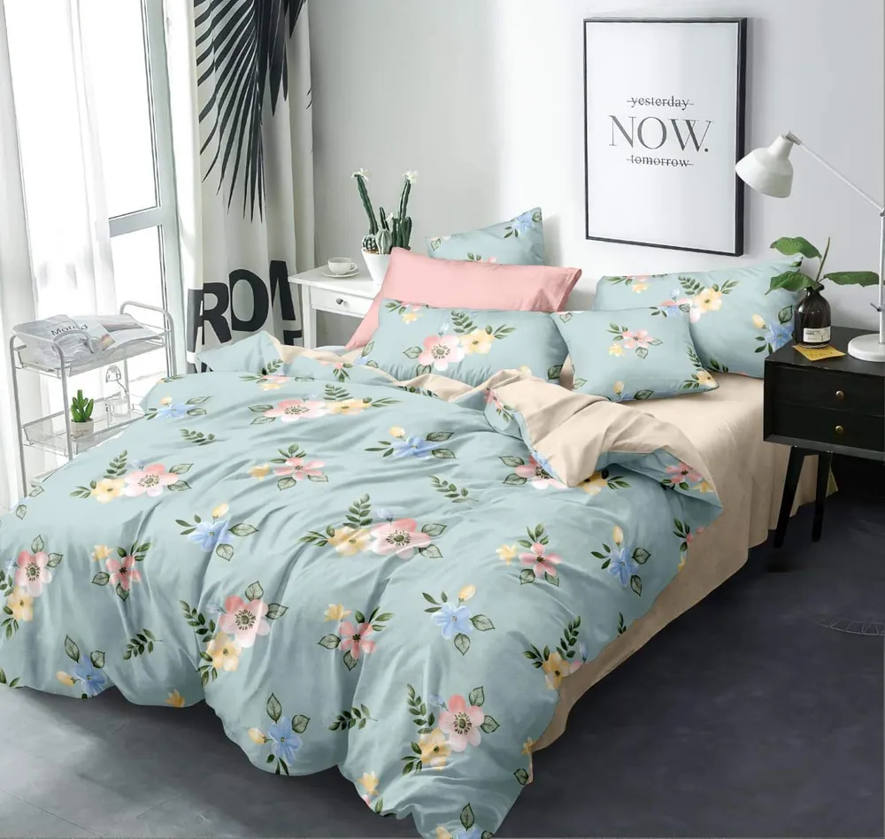 Mint Floral Magic Printed Double Bedsheet With 2 Pillow Covers (Skyblue)