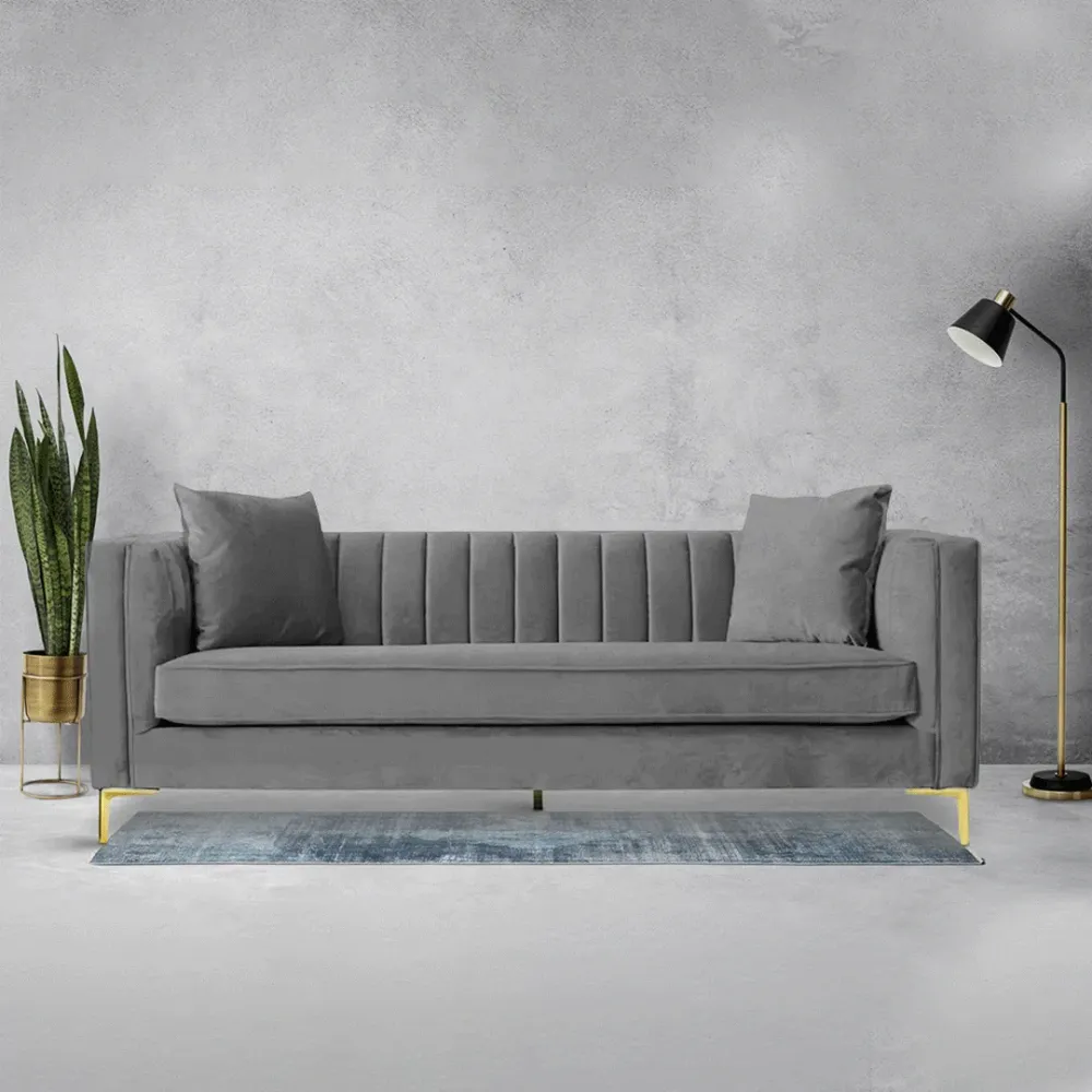 WallMantra Modern 3 Seater Sofa – Velvet in Grey
