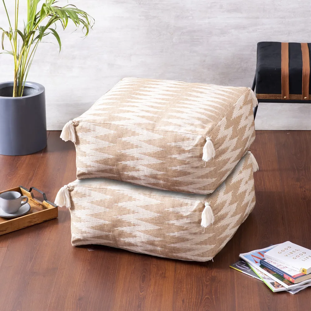 Modern Corner Beige and Cream Ethnic Print Cotton Tasseled Pouffe Stool Set Of 2 With Filler