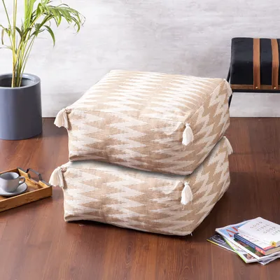 Modern Corner Beige and Cream Ethnic Print Cotton Tasseled Pouffe Stool Set Of 2 With Filler