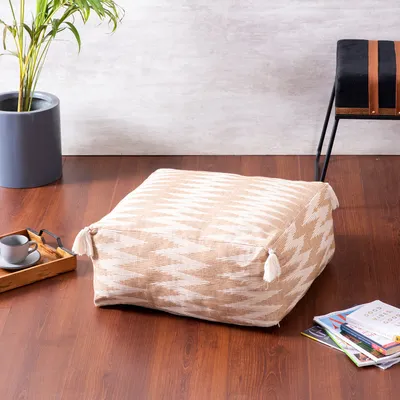 Modern Corner Beige and Cream Ethnic Print Cotton Tasseled Pouffe Stool With Filler