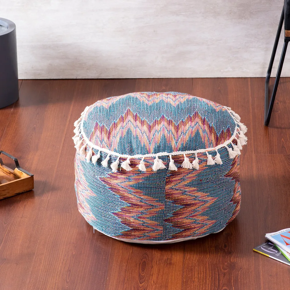 Modern Corner Multicolored Abstract Print Cotton Tasseled Pouffe Stool With Filler