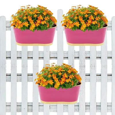 Modern Oval Pink Balcony Railing Planter with Detachable Handle Set Of 3
