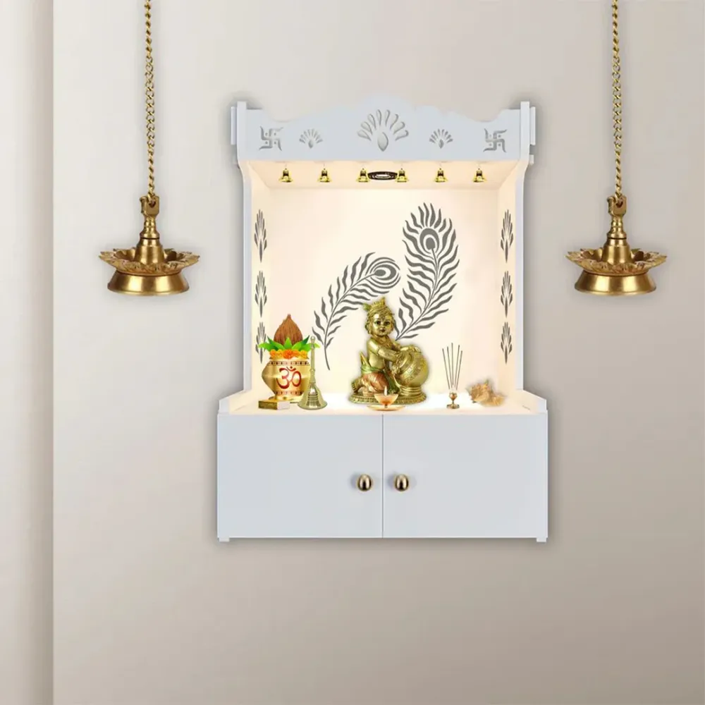 Mor Pankh White Wooden Temple for Home with Inbuilt Focus Light &amp; Spacious Shelf