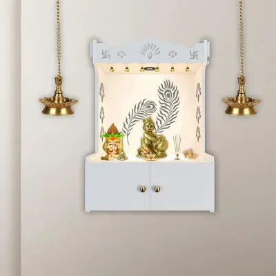 Mor Pankh White Wooden Temple for Home with Inbuilt Focus Light &amp; Spacious Shelf