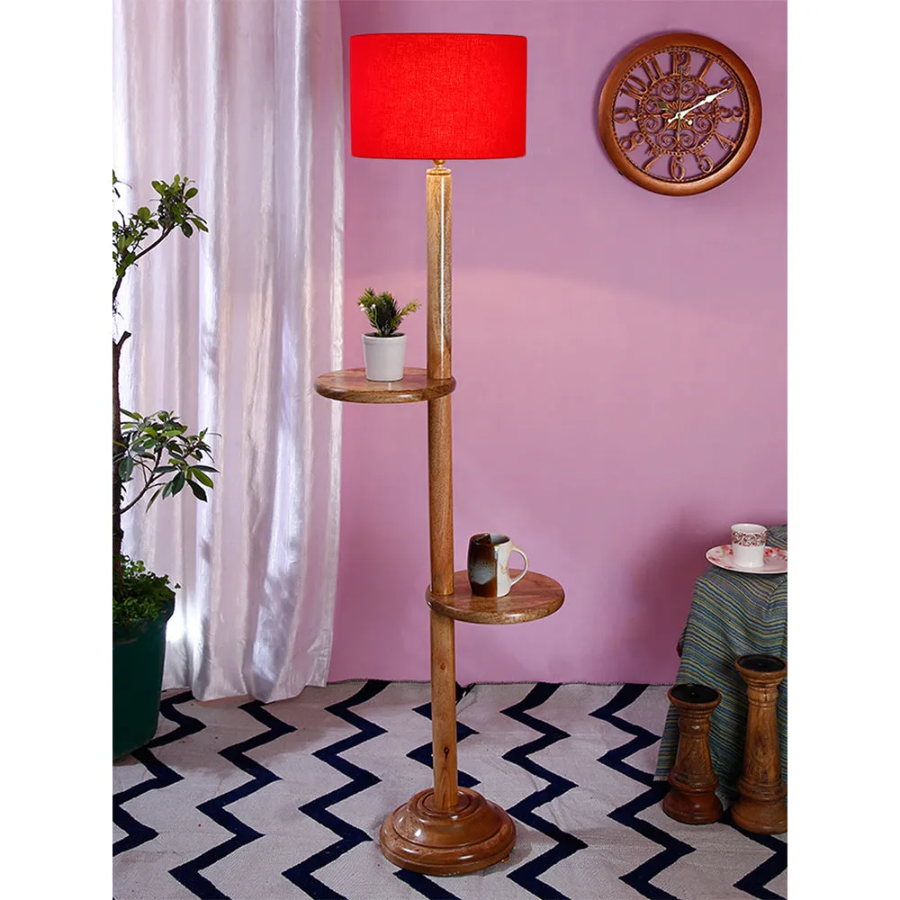 Natural Wood Dual Table Floor Lamp With Cotton Shade
