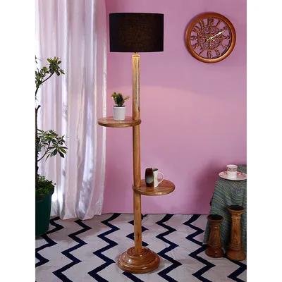 Natural Wood Dual Table Floor Lamp With Cotton Shade