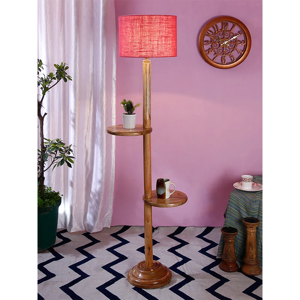 Natural Wood Dual Table Floor Lamp With Jute Shade