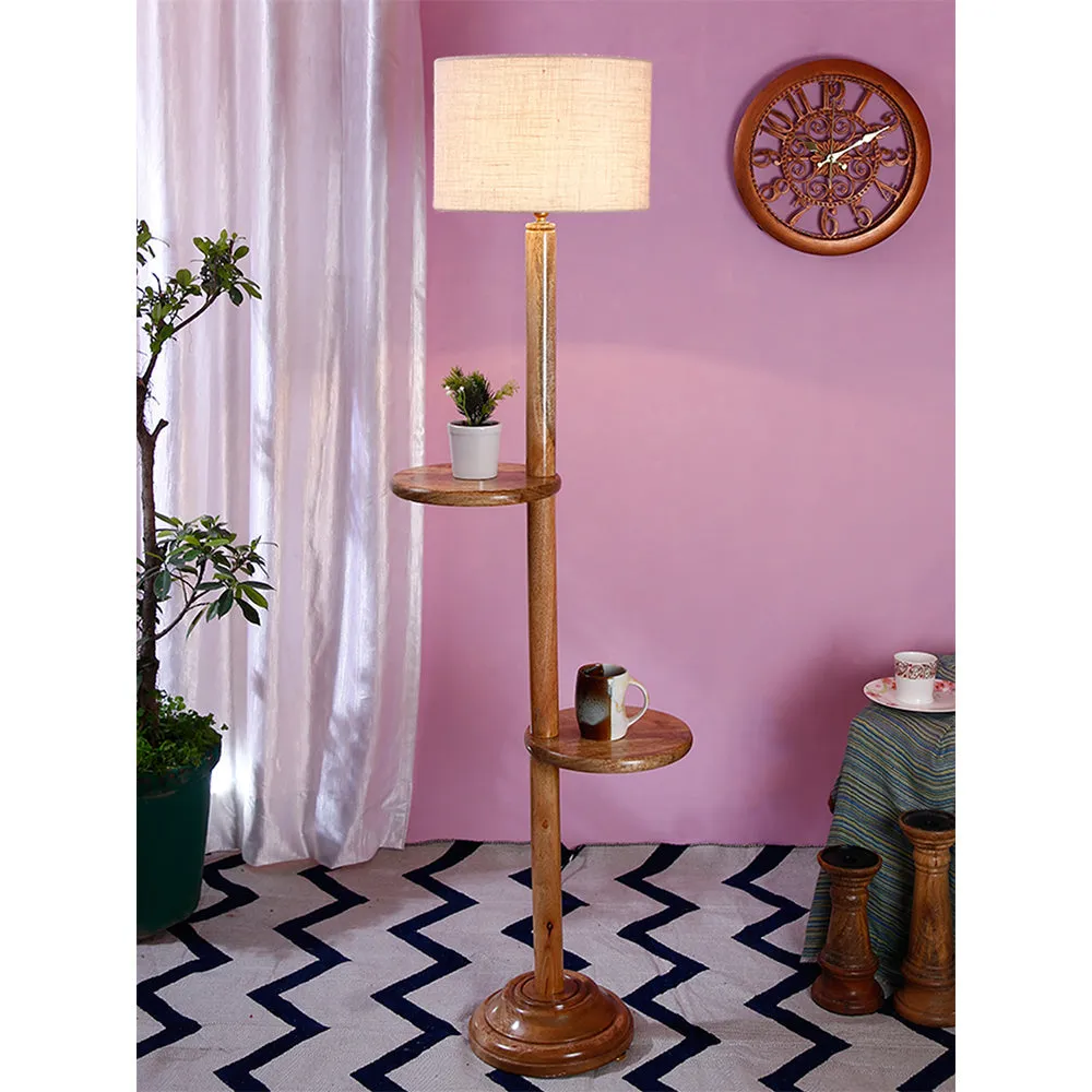 Natural Wood Dual Table Floor Lamp With Jute Shade