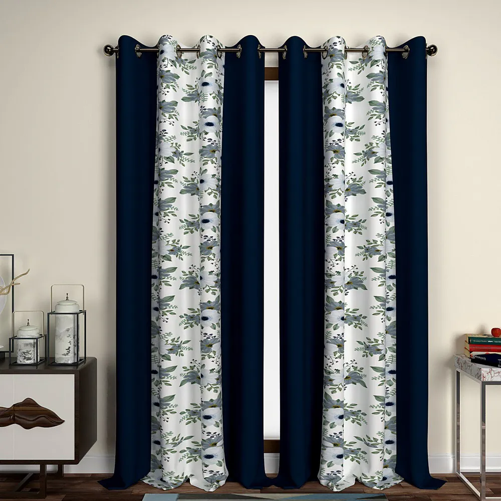 Navy Blue Floral Designer Layered Door Curtain