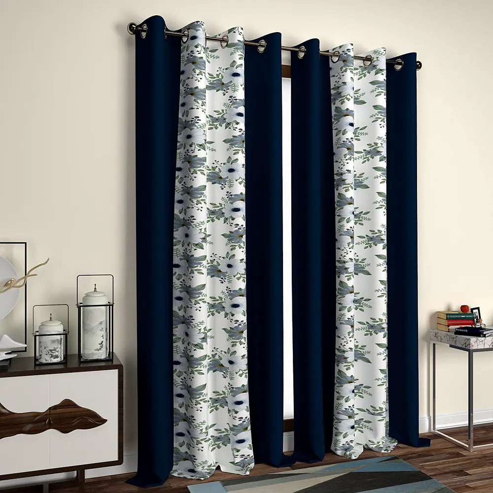 Navy Blue Floral Designer Layered Door Curtain