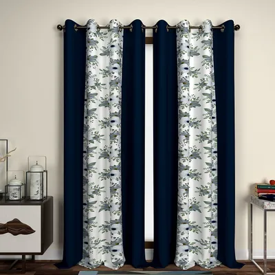 Navy Blue Floral Designer Layered Window Curtain