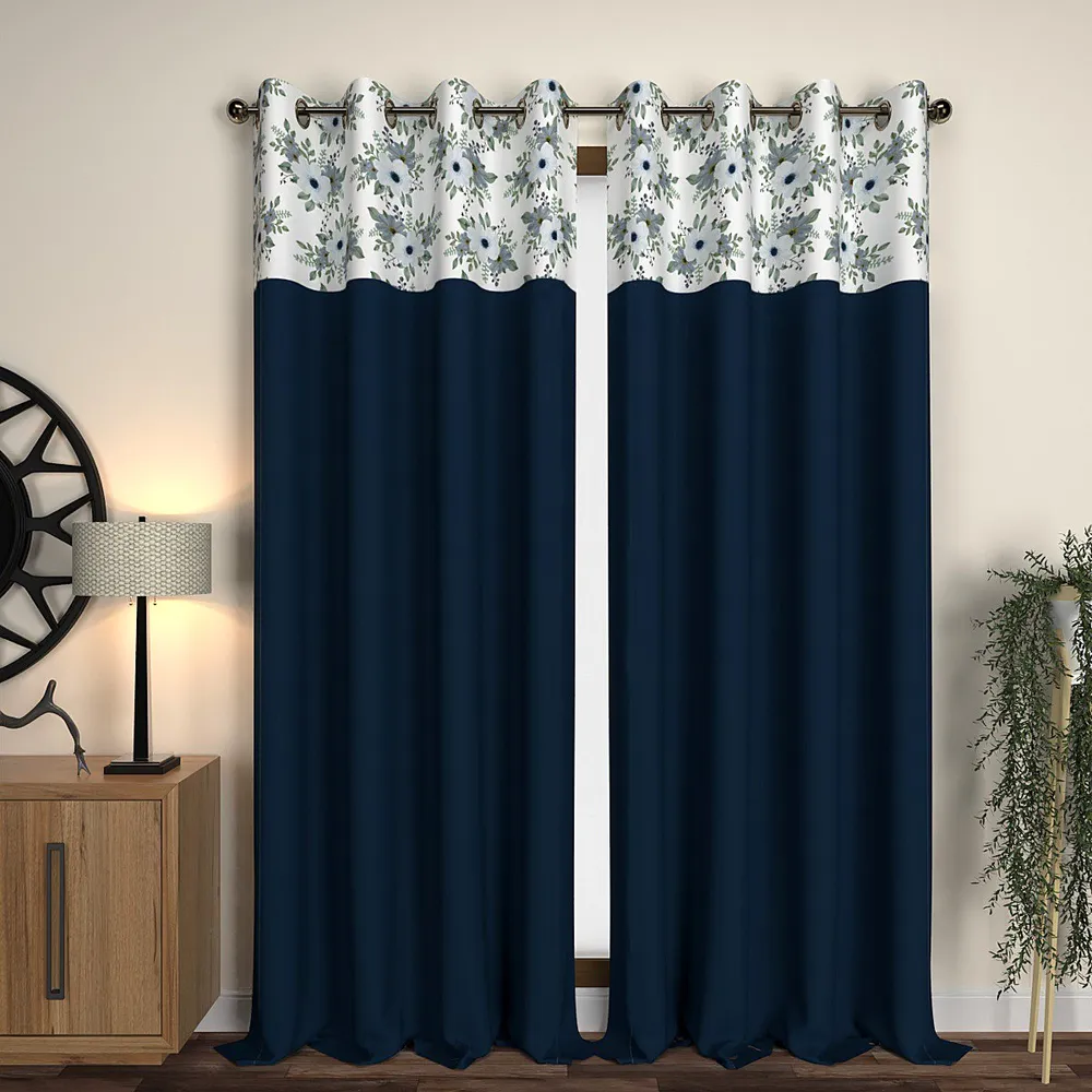 Navy Blue Floral Semi-Designer Window Curtain