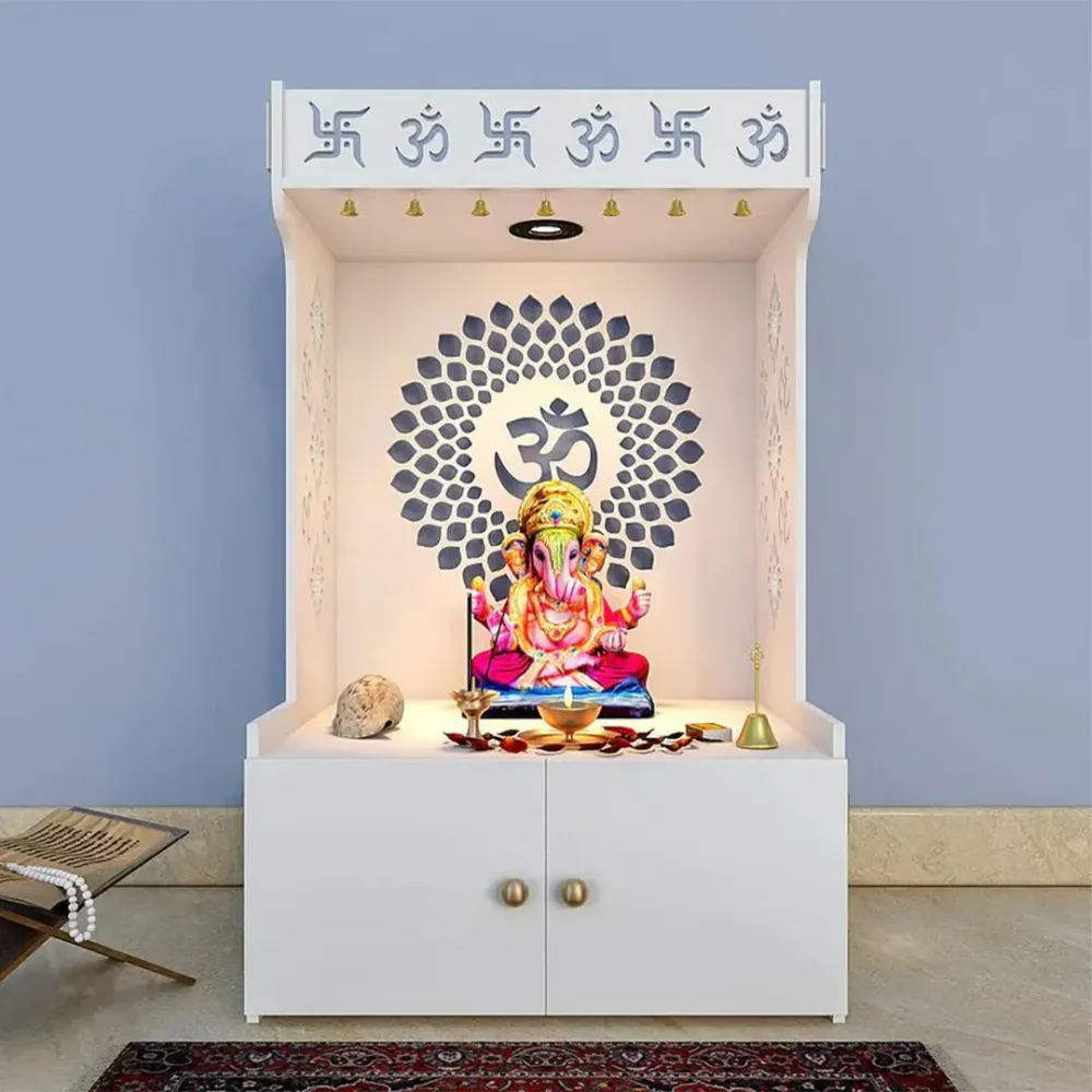 Om Chakra Floor Temple with Spacious Wooden Shelf &amp; Inbuilt Focus Light- White Finish