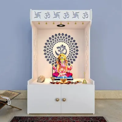 Om Chakra Floor Temple with Spacious Wooden Shelf &amp; Inbuilt Focus Light- White Finish