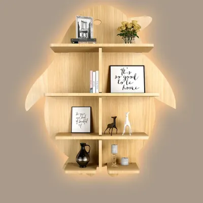 Penguin Backlit Wood Wall Shelf / Book Shelf / Night Light, Light Oak Finish