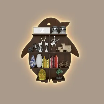 Penguin Backlit Wood Wall Shelf / Book Shelf / Night Light, Walnut Finish