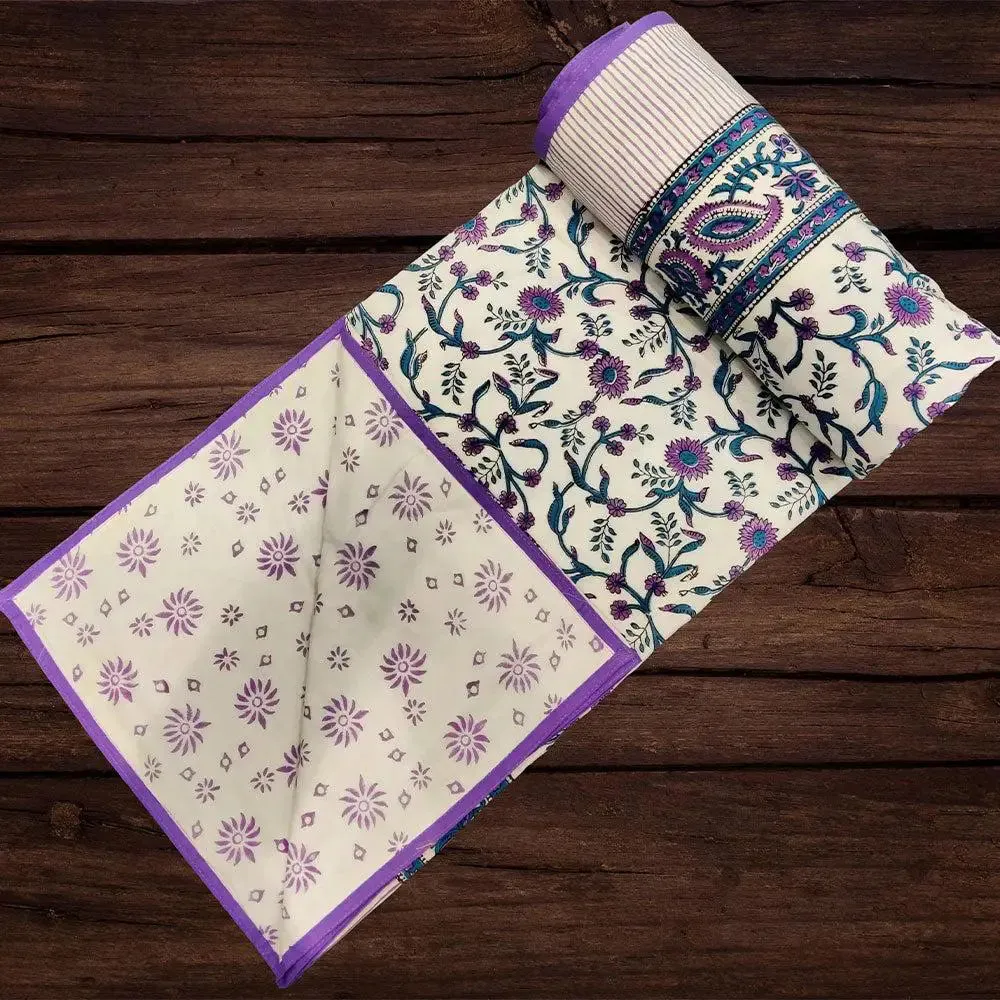 Pink & Blue Floral Paisley Pattern Hand Block Printed Single Bed Cotton Dohar