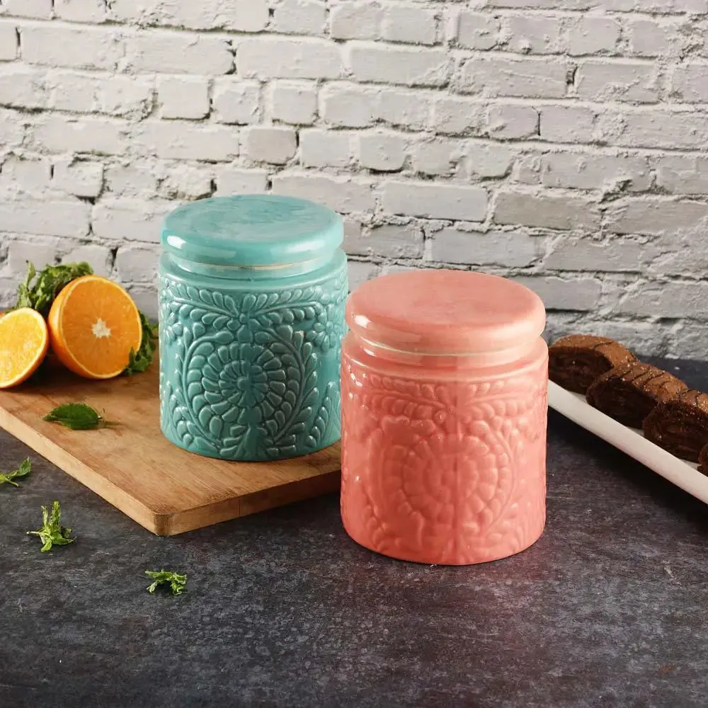 Pink & Blue Handcrafted & Handpainted Ceramic Storage Jars Set Of 2