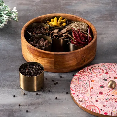 Pink Ethnic Patterned Wood & Stainless Steel Jars Masala/ Spice Box