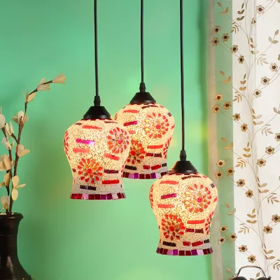 Pink Glass Embeded Mosaic Cluster Hanging Light