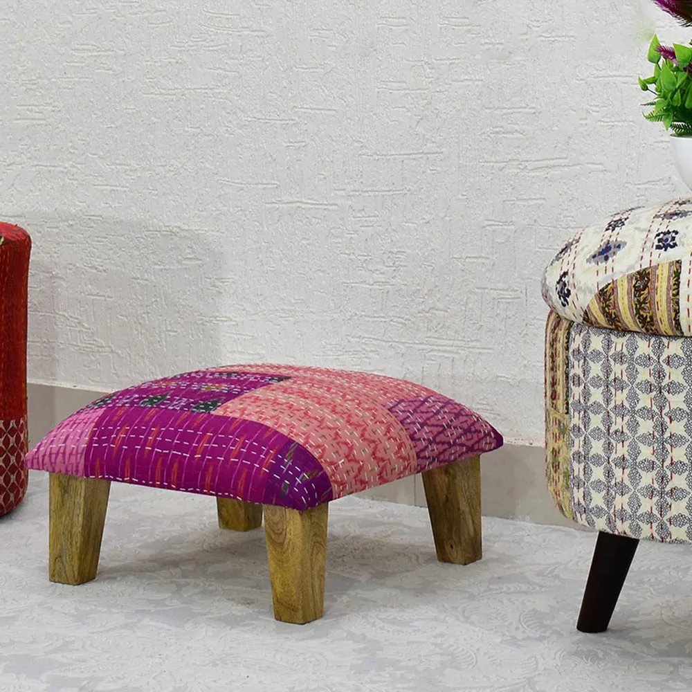 Pink Kantha Gudri Patchwork Multipurpose Stool / Square Pouffe / Ottoman