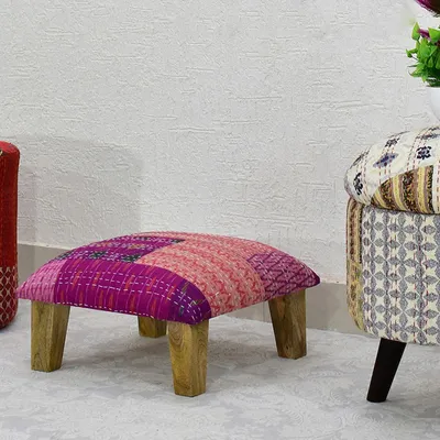 Pink Kantha Gudri Patchwork Multipurpose Stool / Square Pouffe / Ottoman