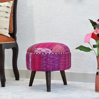 Pink Kantha Gudri Patchwork Three Legged Stool / Pouffe / Ottoman