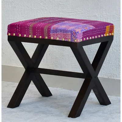 Pink Kantha Gudri Patchwork X Shape Stool / Ottoman