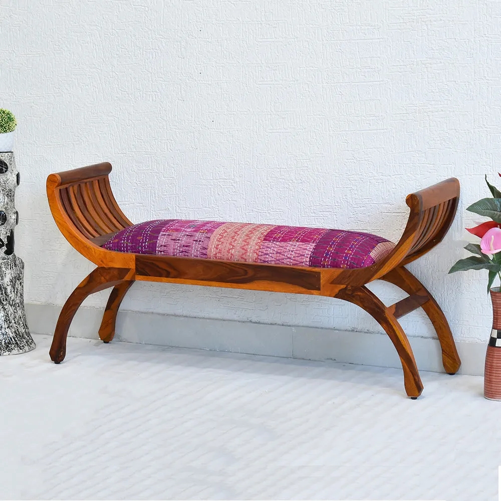Pink Traditional Kantha Gudri Patchwork Yellow Brown Wooden Two Seater Sofa