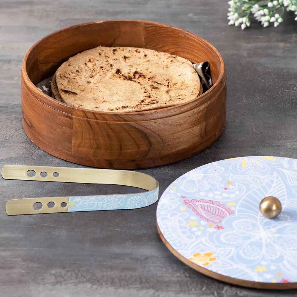 Pink Wooden With Enamel Casserole/Chapatti Box With Tong