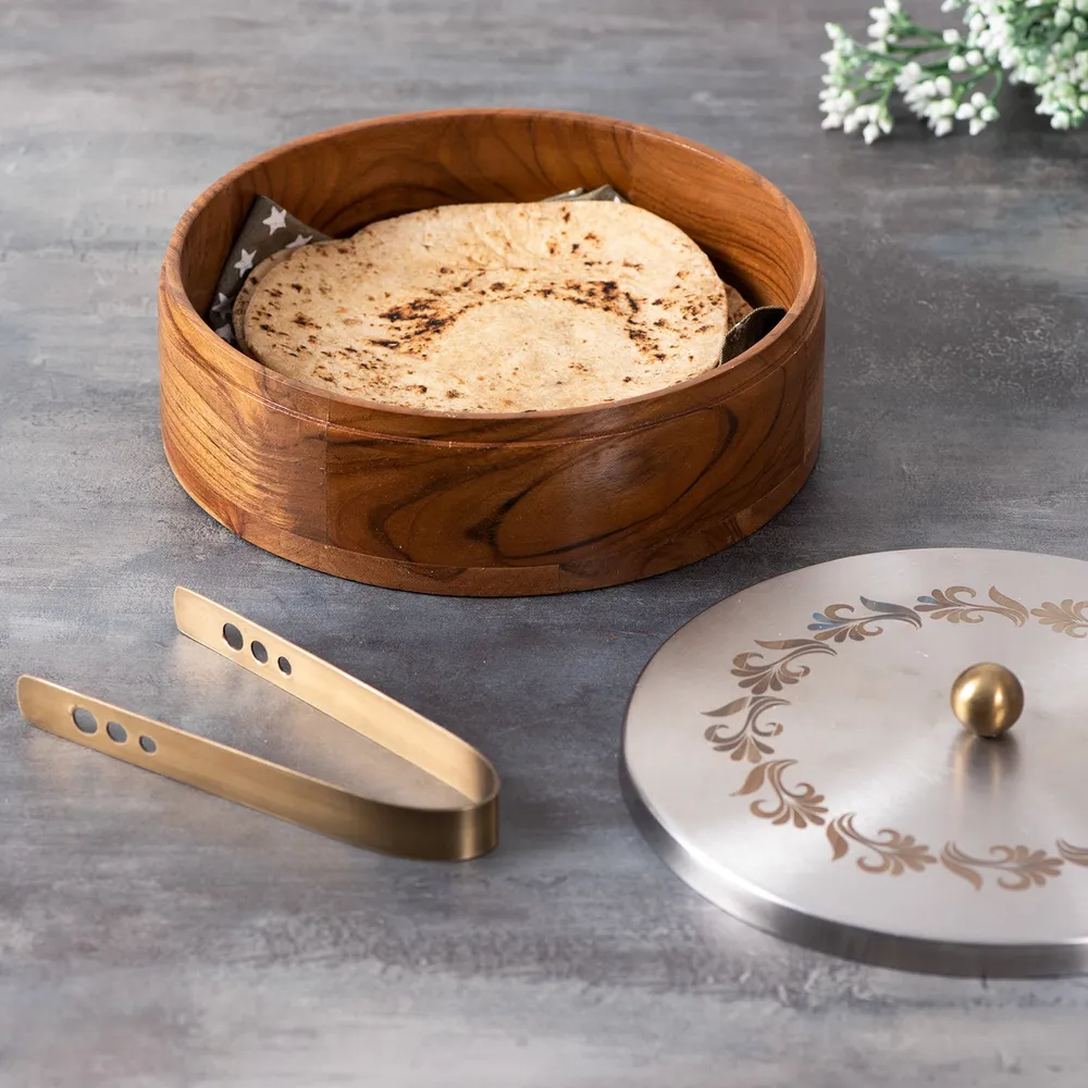 Pink Wooden With Enamel Casserole/Chapatti Box With Tong