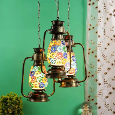 Plain Glass Real Hurricane Copper Finish Cluster Hanging Light