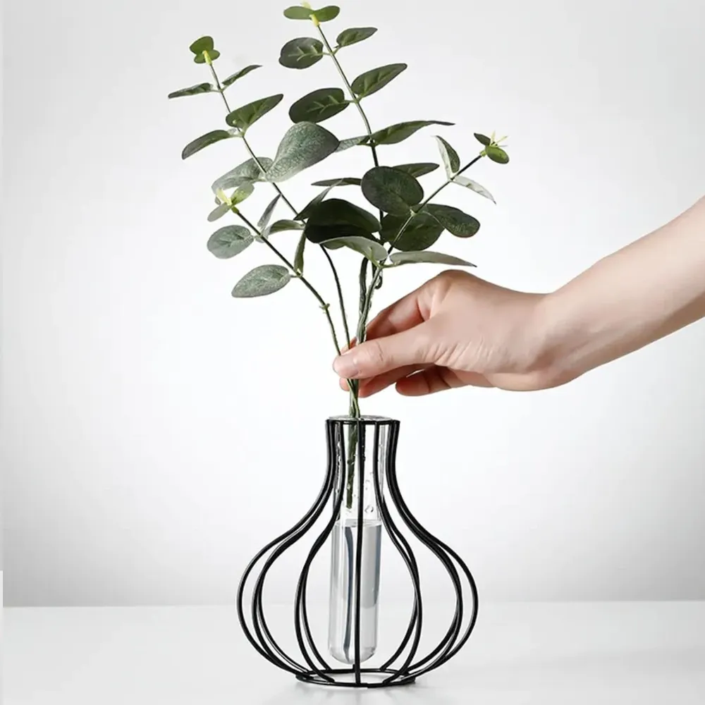 Pot Metal Wire Glass Tube Vase- Black