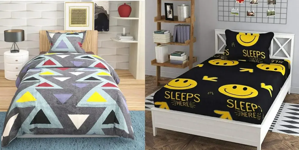 PR Trend  Aztec Printed Grey & Yellow Smiley Printed Black Single Bedsheet Set Of 2 With Pillow Cover