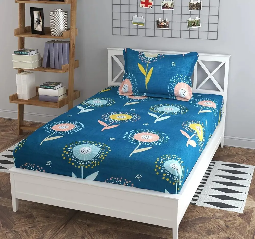 PR Trend  Blooming Flowers Printed Rich Blue Single Bedsheet Set Of 2 With Pillow Cover