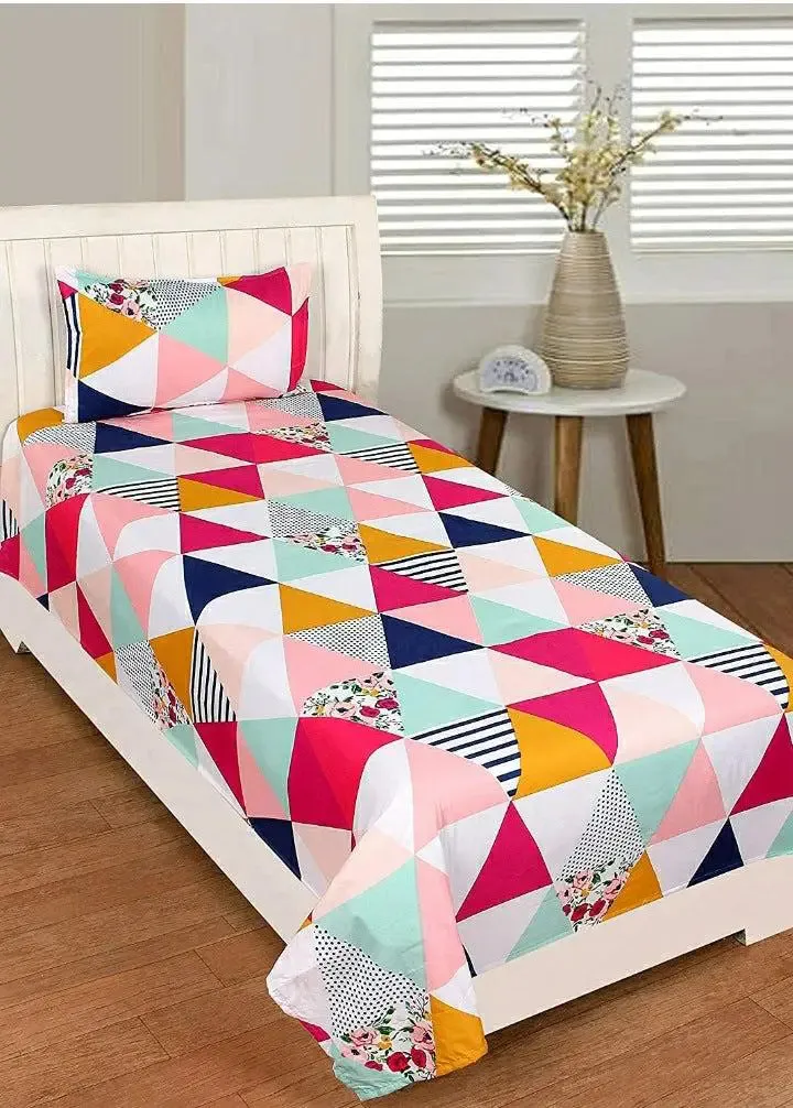 PR Trend  Multicolor Geometric Printed & Yellow Smiley Printed Black Single Bedsheet Set Of 2 With Pillow Cover