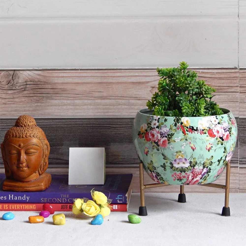 Premium Floral Print Multicoloured Indoor Metal Plant Stand with Pot (Set of 2)