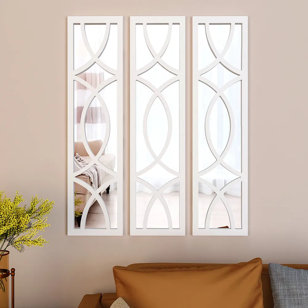 Premium Geometric Design Set of 3 Wooden Frame Wall Mirror / Decorative Wall Decor (Available in Multiple Finishes)