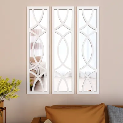 Premium Geometric Design Set of 3 Wooden Frame Wall Mirror / Decorative Wall Decor (Available in Multiple Finishes)
