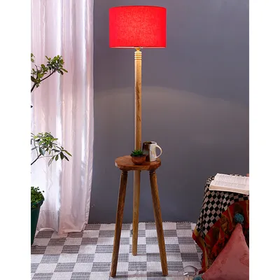 Premium Natural Wood Table Storage Floor Lamp With Cotton Shade