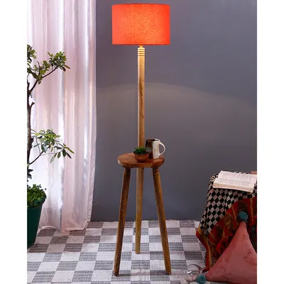 Premium Natural Wood Table Storage Floor Lamp With Cotton Shade