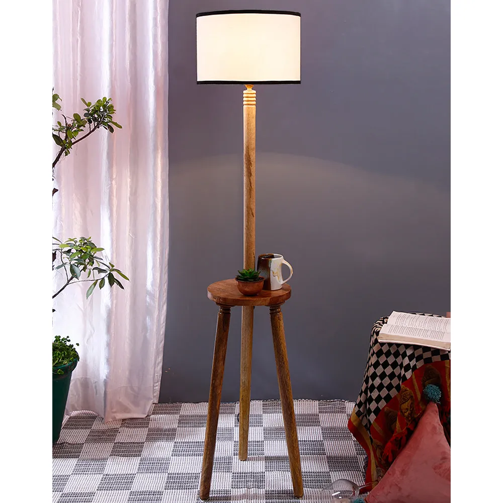 Premium Natural Wood Table Storage Floor Lamp With Cotton Shade