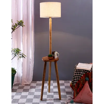Premium Natural Wood Table Storage Floor Lamp With Drum Shade