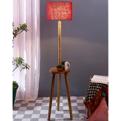 Premium Natural Wood Table Storage Floor Lamp With Drum Shade