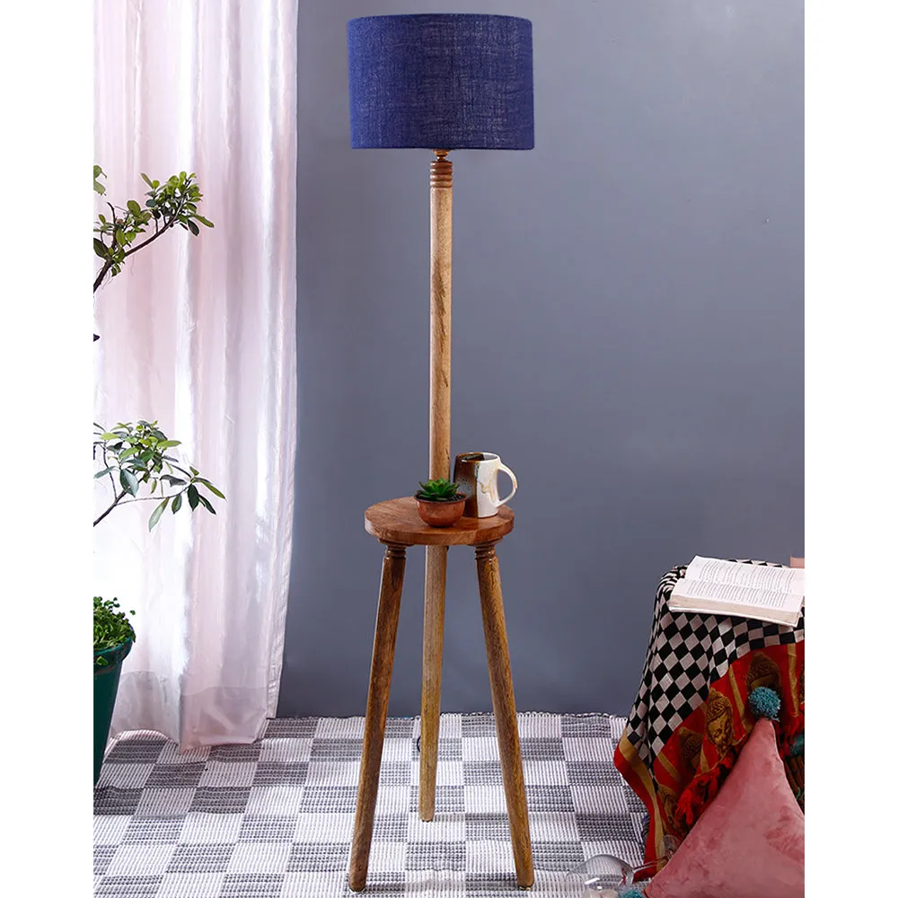 Premium Natural Wood Table Storage Floor Lamp With Drum Shade